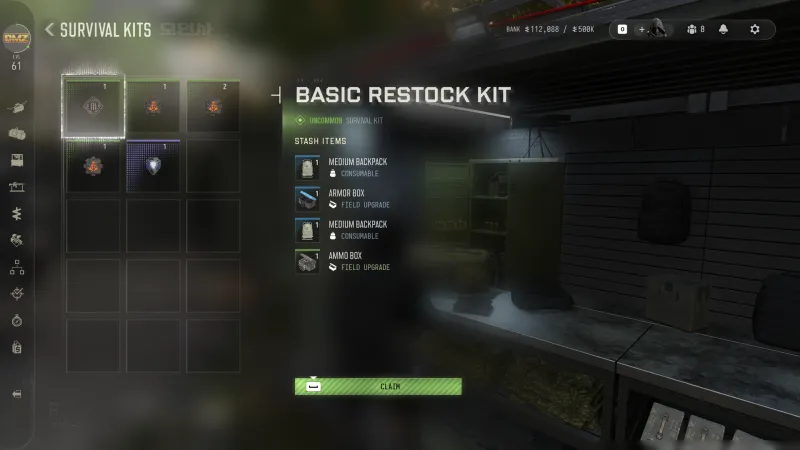 MW4 DMZ Survival Kits menu with the Basic Restock Kit selected and its stash items listed