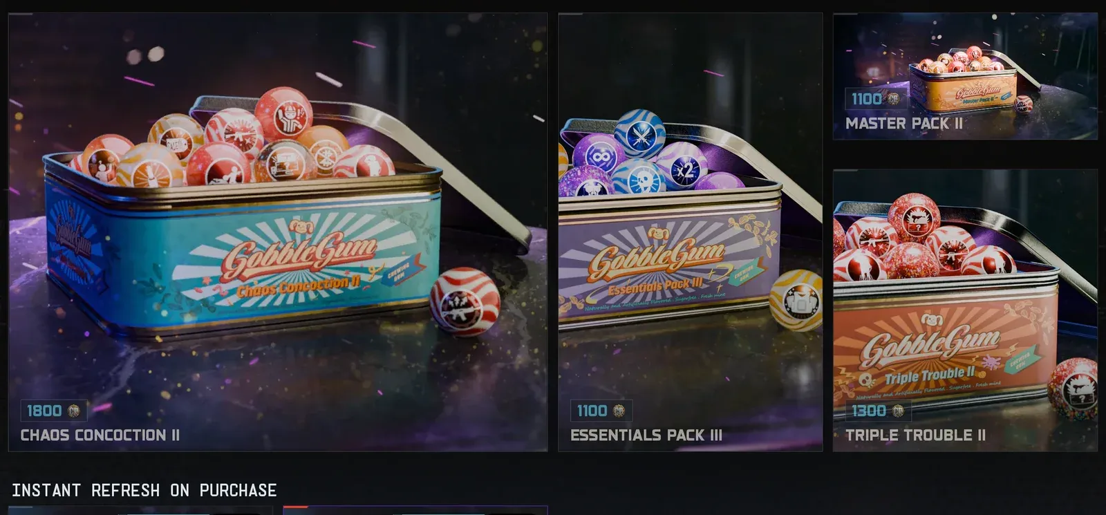 BO7 Zombies GobbleGum store with Chaos Concoction II for 1800 COD Points, Essentials Pack III for 1100, Master Pack II for 1100 and Triple Trouble II for 1300