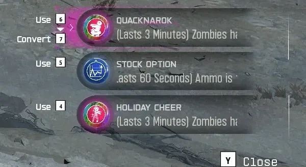 BO7 Zombies in-match GobbleGum menu with three gums held, each with a Use key and Convert on the selected gum