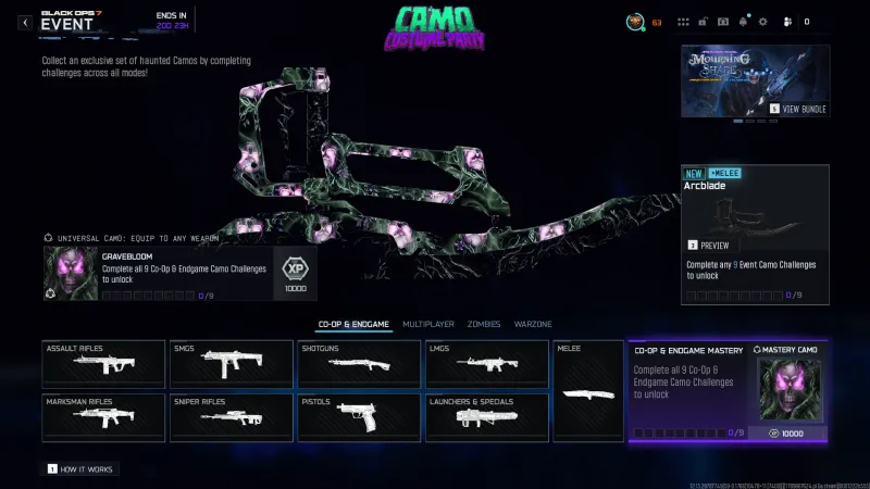 The animated Gravebloom mastery camo on the Arcblade in Black Ops 7, a green vine pattern with pink skulls