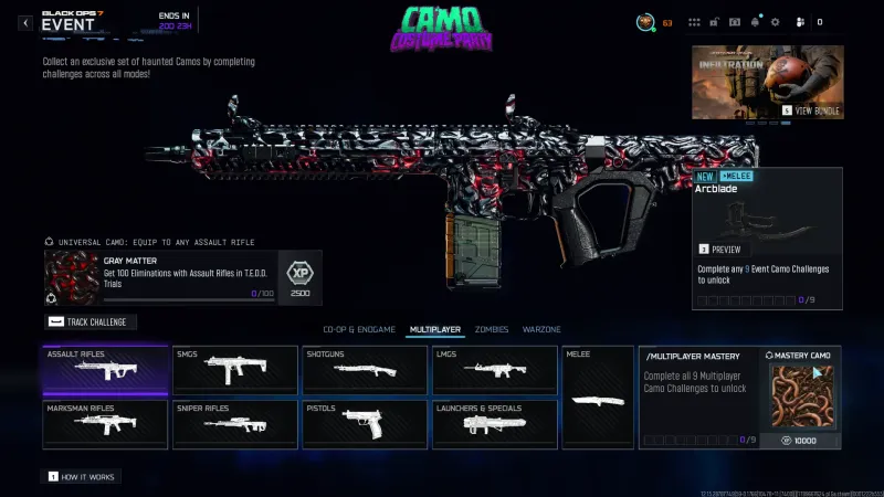 The Gray Matter camo from the Camo Costume Party event on an assault rifle in Black Ops 7, grey brain tissue with red glow