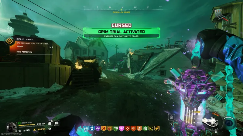 CURSED Grim Trial Activated screen in Totenreich showing Enemies Can Only Die To Traps and Wave 1 of 3