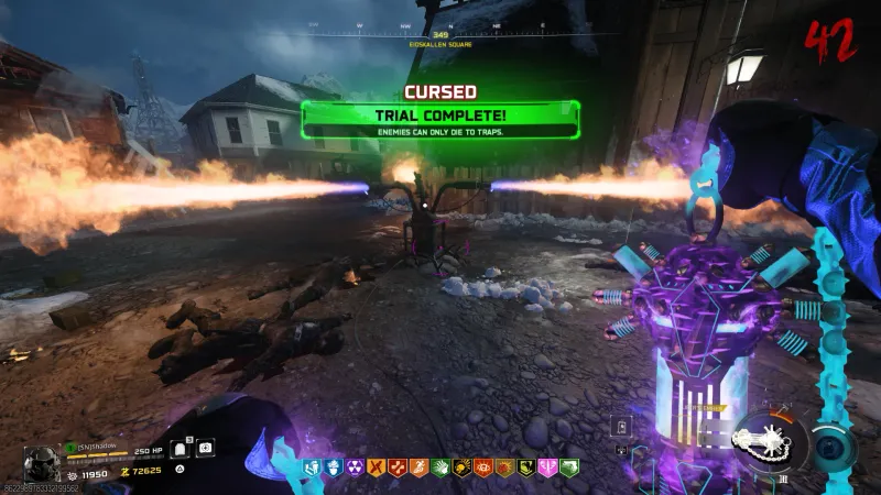 CURSED Trial Complete screen after killing all three waves of zombies with fire traps in Totenreich