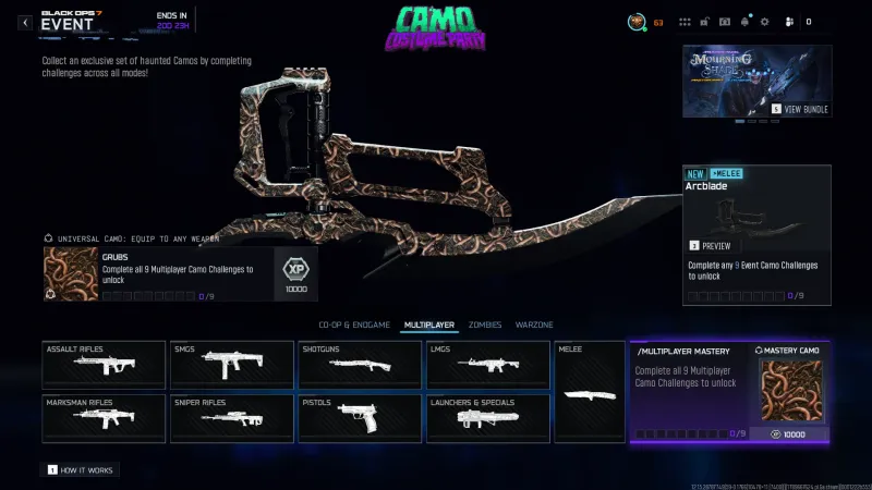 The animated Grubs mastery camo on the Arcblade in Black Ops 7, a writhing mass of brown earthworms
