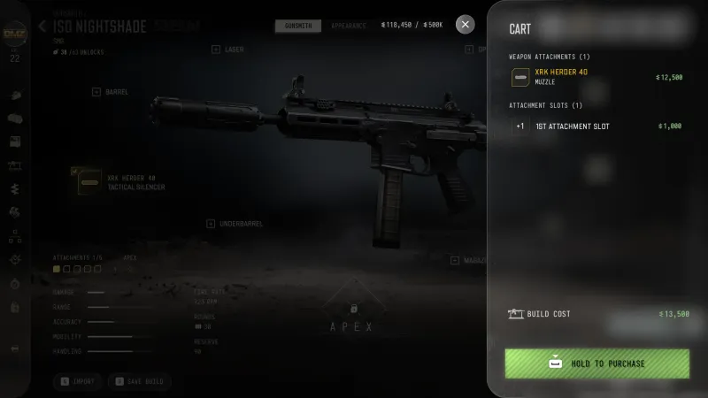 MW4 DMZ Gunsmith cart for the ISO Nightshade with a muzzle and attachment slot, build cost 13,500
