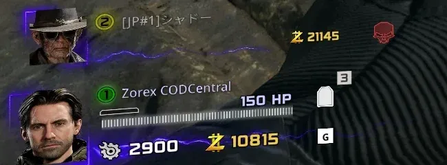 Black Ops 7 Zombies team panel in round 21 showing a fully dead teammate marked with a red skull