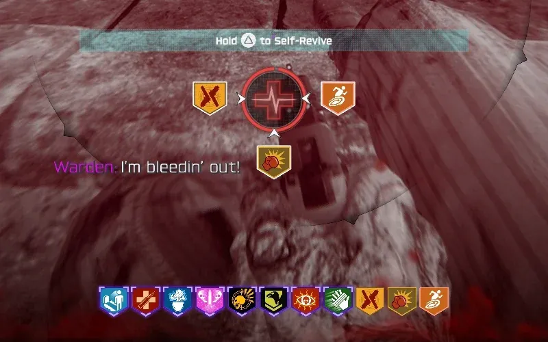 Downed player's view in Black Ops 7 Zombies with three perks on the bleedout circle and eleven perks on the perk bar