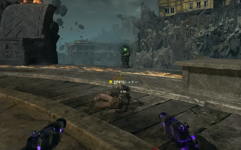 A downed teammate lying on the ground in Nexus Forge in Black Ops 7 Zombies, seen from a nearby player