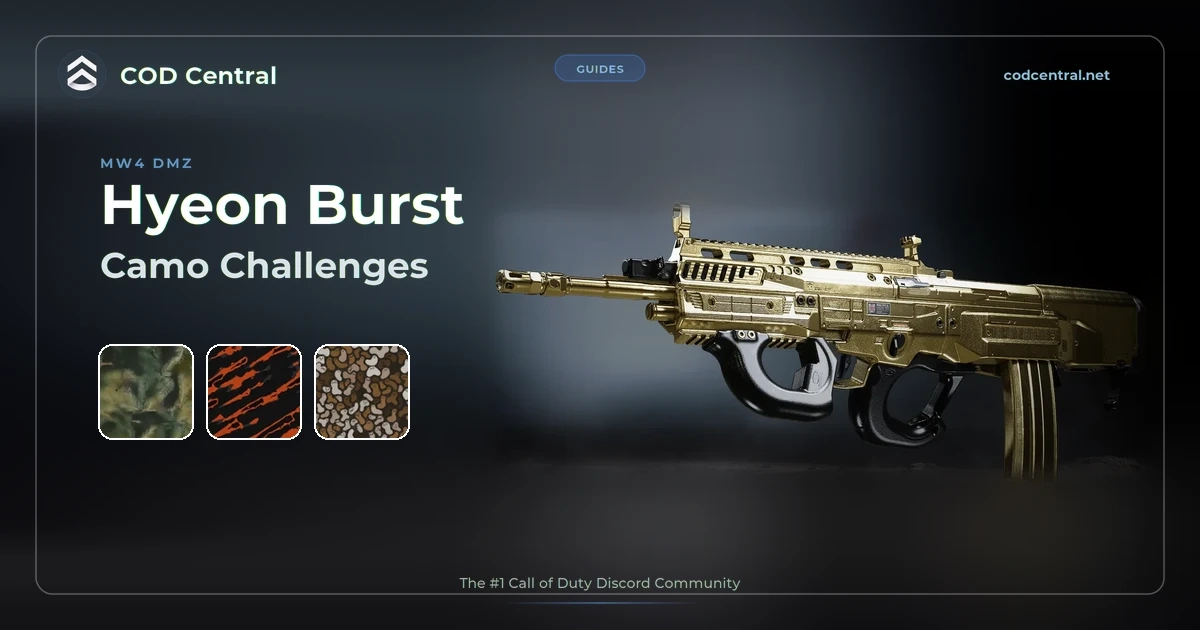 Hyeon Burst camo challenges in MW4 DMZ: the Hyeon Burst with the Gold camo and its three Special camos