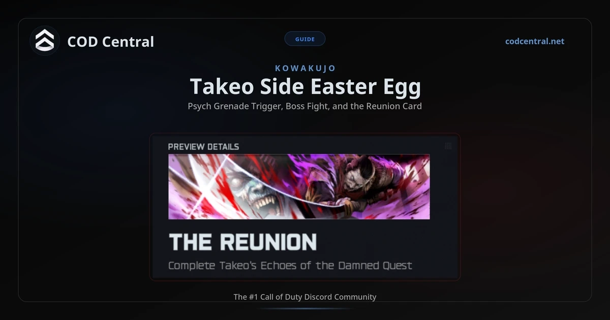 BO7 Takeo side Easter egg guide on Kowakujo showing the Path of Sorrows katana and the Reunion calling card