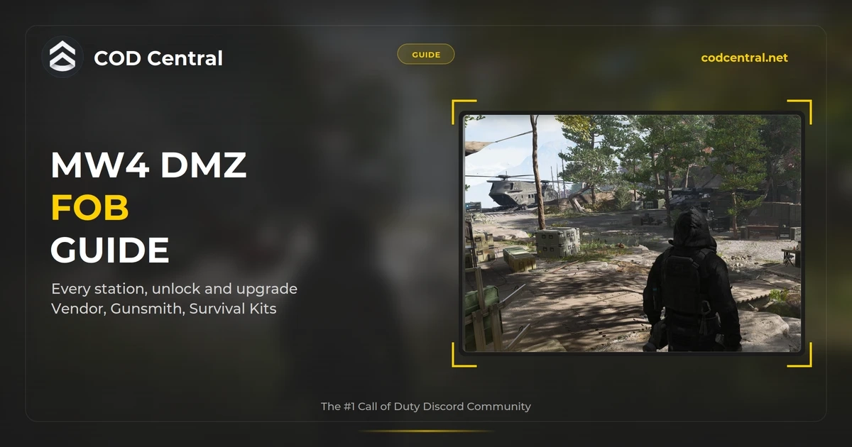 COD Central MW4 DMZ FOB guide cover: a wide shot of the FOB camp with the transport helicopter and an Operator in the foreground