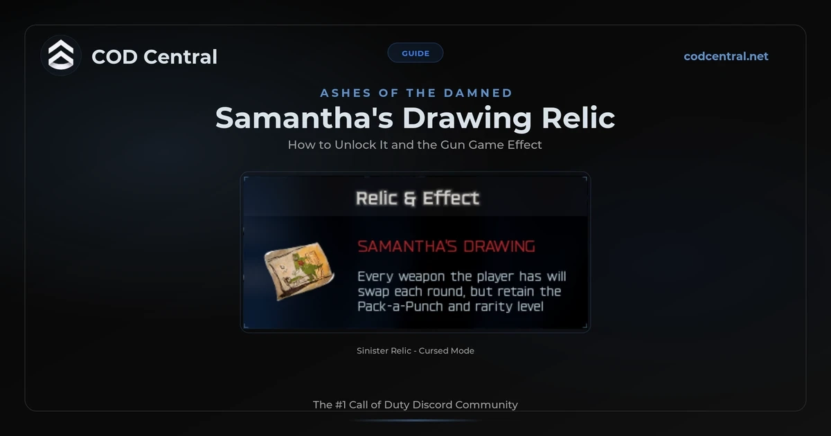 BO7 Samantha's Drawing relic on Ashes of the Damned showing Chompy the trash can and the Sinister relic trial
