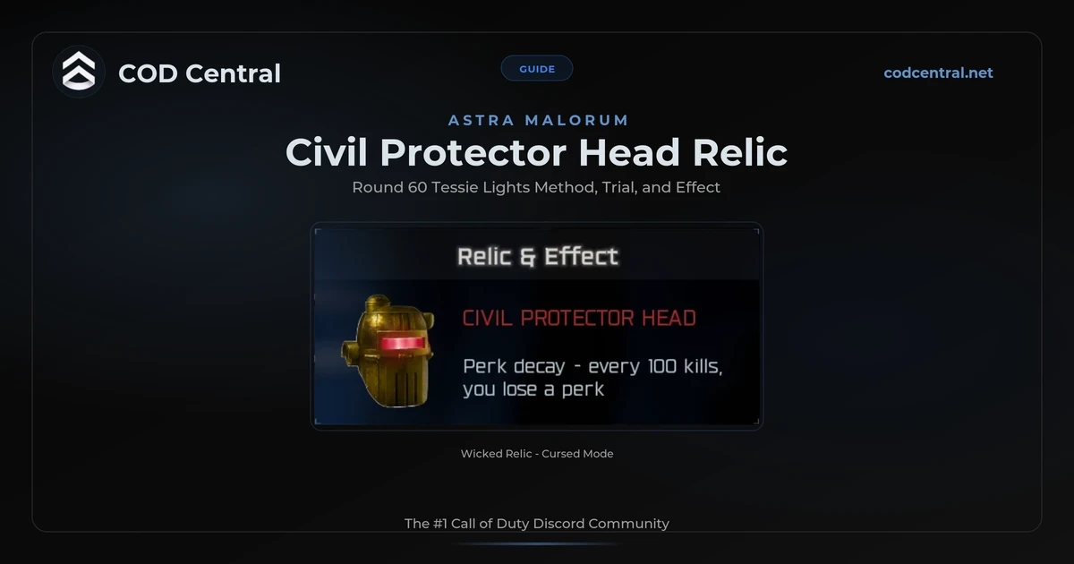 BO7 Civil Protector Head relic guide for Astra Malorum showing the relic card and its perk decay effect in Cursed mode