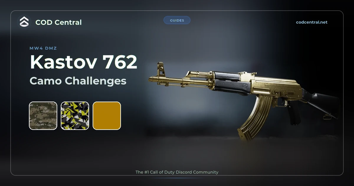 Kastov 762 camo challenges in MW4 DMZ: the Kastov 762 with the Gold camo and its three Special camos