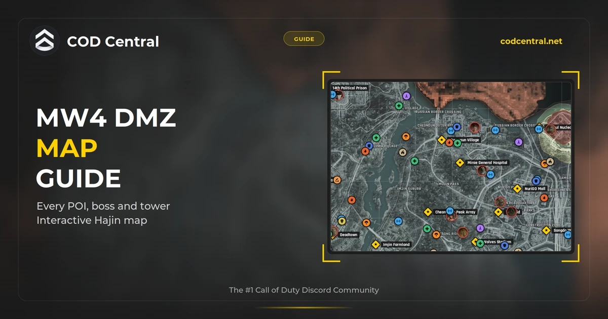 COD Central MW4 DMZ map guide cover with our interactive Hajin map showing POIs, Lieutenants and towers