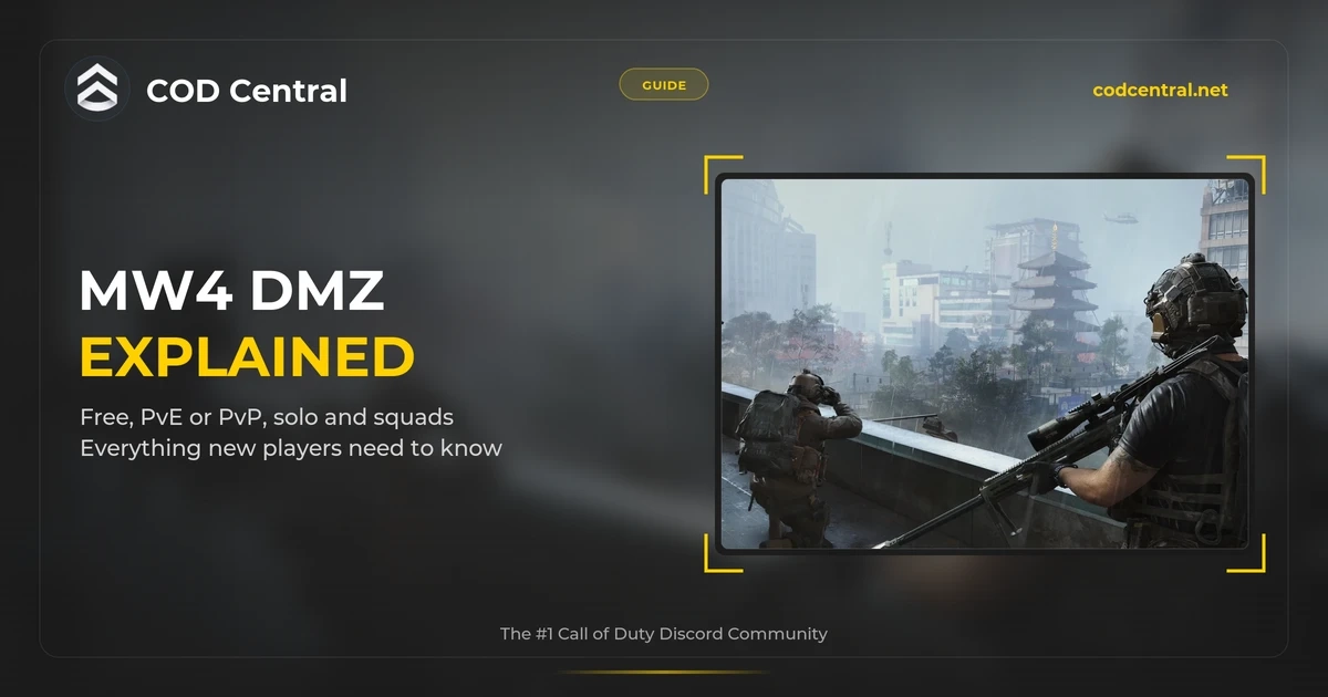 MW4 DMZ explained, with a squad and a sniper on a rainy Hajin balcony overlooking the pagoda