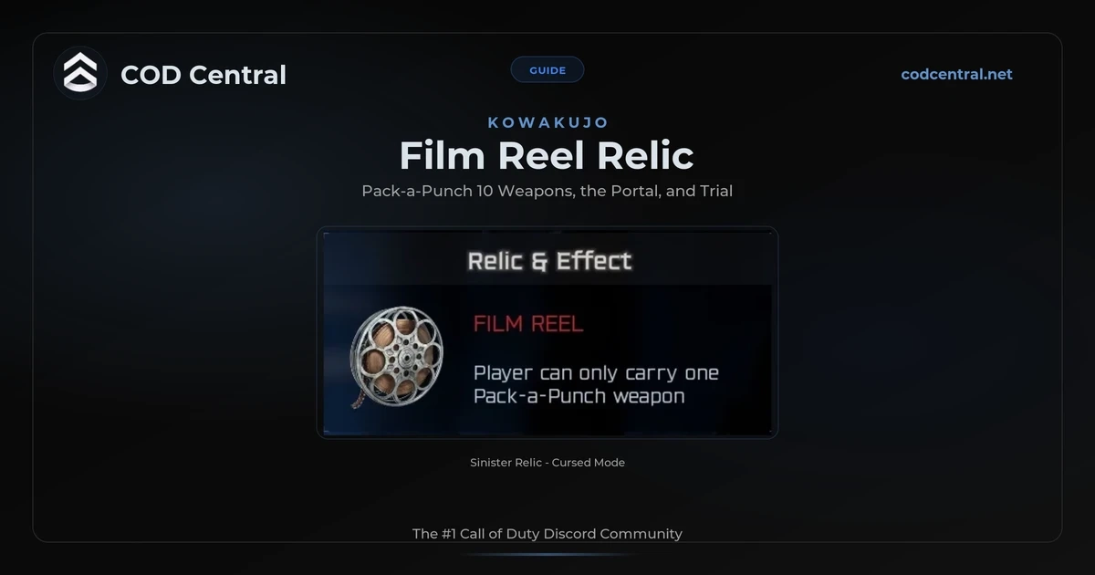 BO7 Kowakujo Film Reel relic guide showing the relic icon and the Pack-a-Punch trigger in Cursed mode