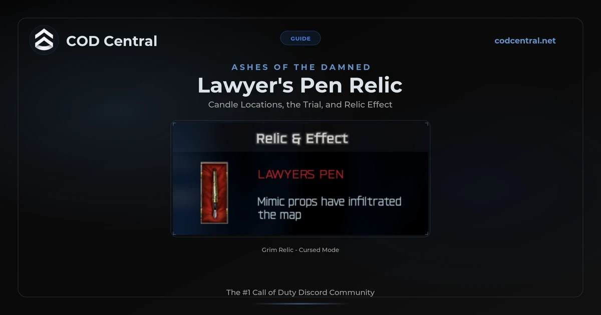 BO7 Lawyer's Pen relic on Ashes of the Damned showing the Relic and Effect card reading Mimic props have infiltrated the map