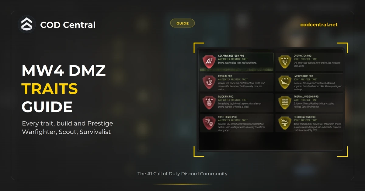 COD Central MW4 DMZ Traits guide cover with the Warfighter and Scout Prestige Traits from the Operator Prestige screen