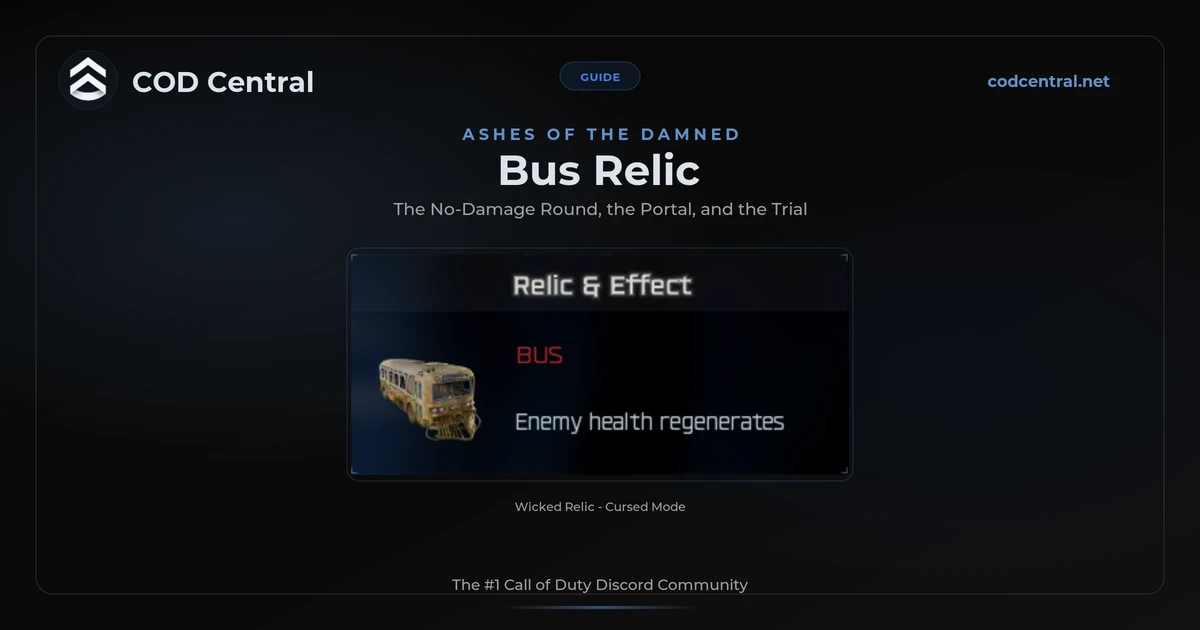 Bus relic effect card in the BO7 Cursed menu showing enemy health regenerates