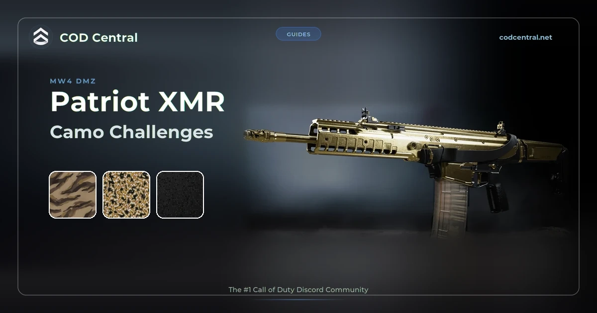 Patriot XMR camo challenges in MW4 DMZ: the Patriot XMR with the Gold camo and its three Special camos