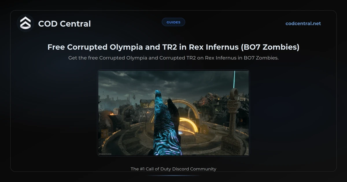 COD Central cover for the free Corrupted Olympia and TR2 guide on Rex Infernus, a player holding the Corrupted Olympia above the Nexus Forge in BO7 Zombies