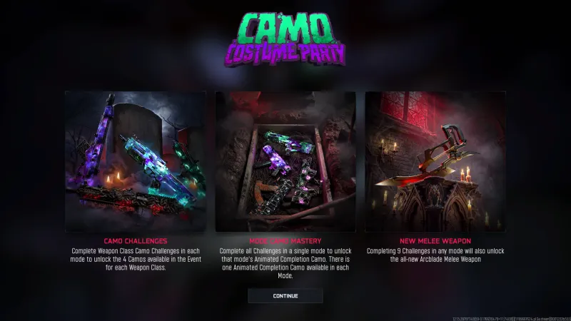 The Camo Costume Party how it works screen in Black Ops 7 explaining camo challenges, mode camo mastery and the new Arcblade melee weapon