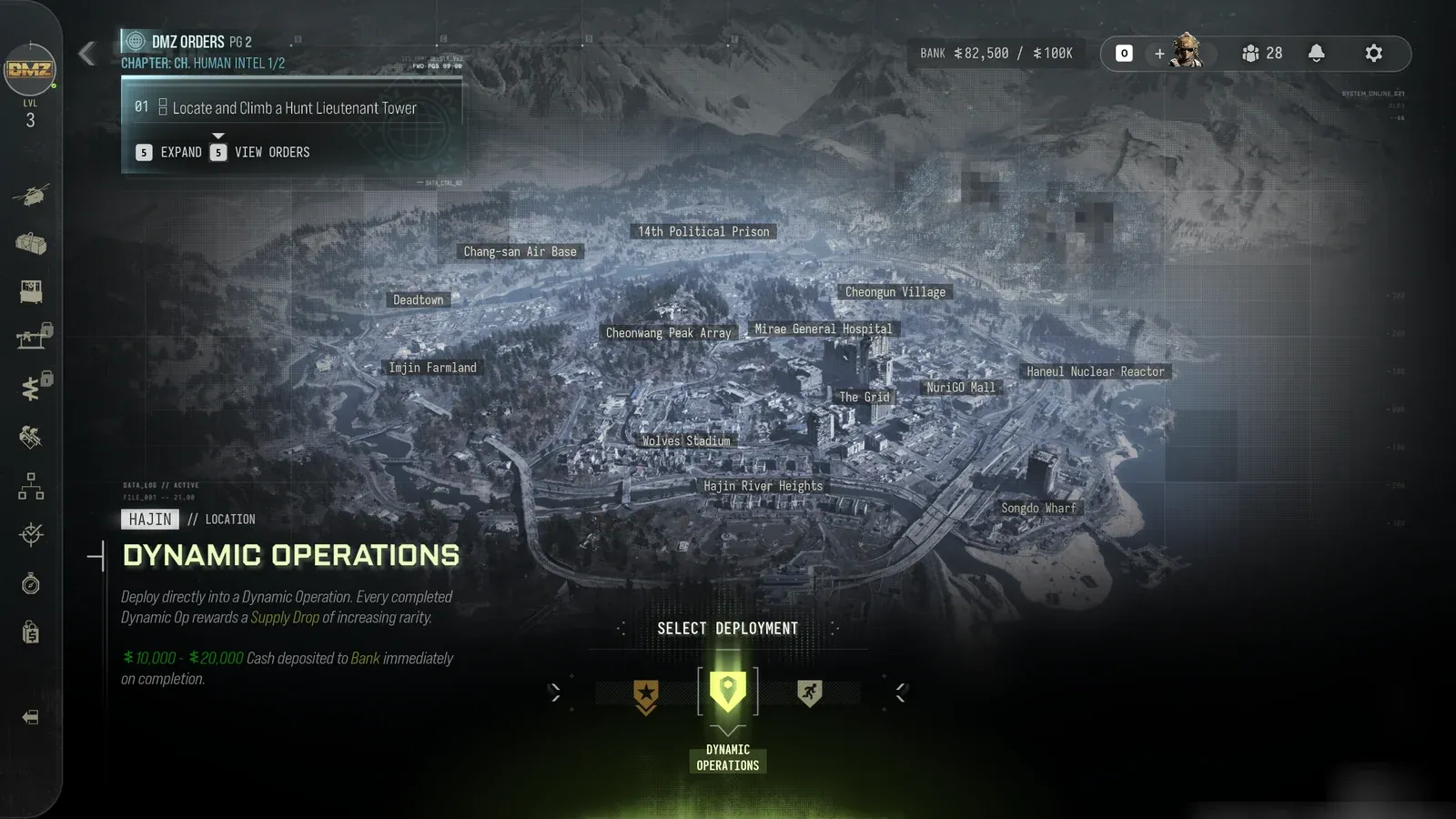 MW4 DMZ Select Deployment screen with Dynamic Operations selected: deploy directly into a Dynamic Operation, every completed Dynamic Op rewards a Supply Drop of increasing rarity and 10,000 to 20,000 cash deposited to the bank on completion