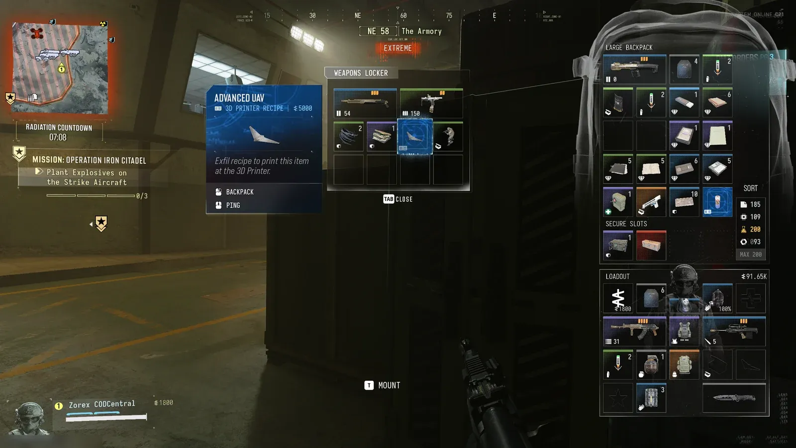 MW4 DMZ Iron Citadel armory weapons locker holding an Advanced UAV 3D Printer recipe worth $5,000, next to a shotgun and an SMG