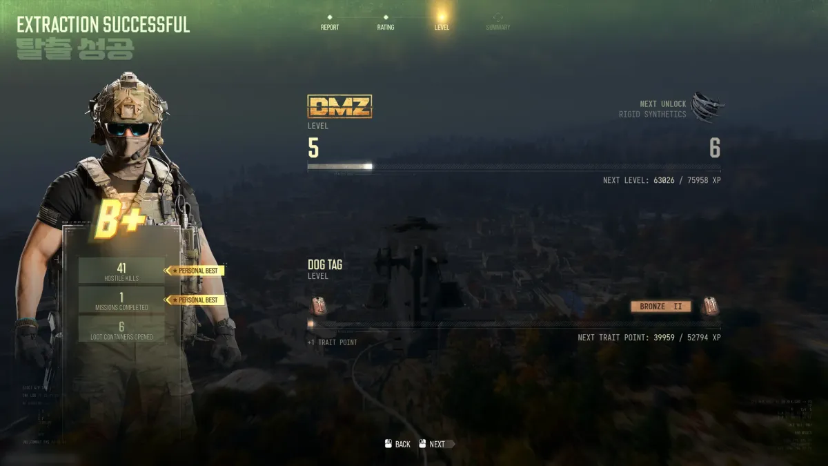 MW4 DMZ after-action Level tab after Operation Critical Extraction: the DMZ LEVEL bar from level 5 to 6 at 63,026 of 75,958 XP on top, and the DOG TAG LEVEL bar toward Bronze II at 39,959 of 52,794 XP for the next Trait Point below it