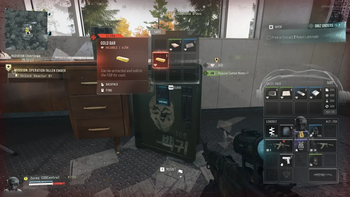 MW4 DMZ Gold Bar, an Ultra valuable worth $25,000, inside the green safe at Compound Bravo