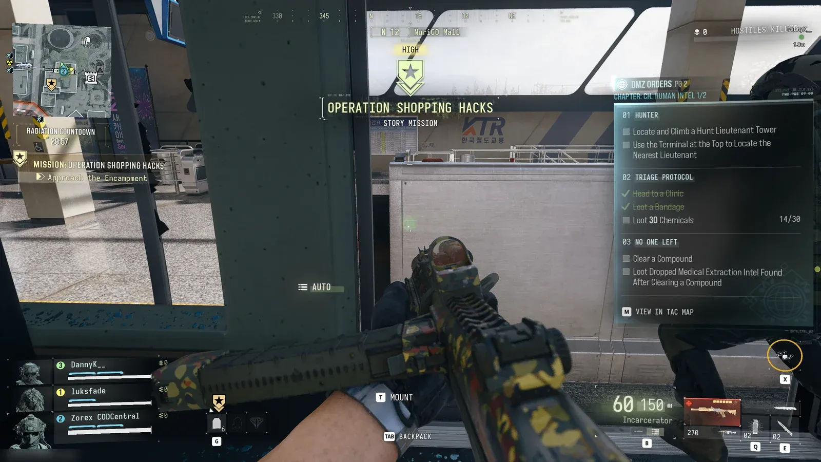 MW4 DMZ Operation Shopping Hacks spawn inside the monorail car at NuriGO Mall, with the story mission banner and the radiation countdown at 29:57