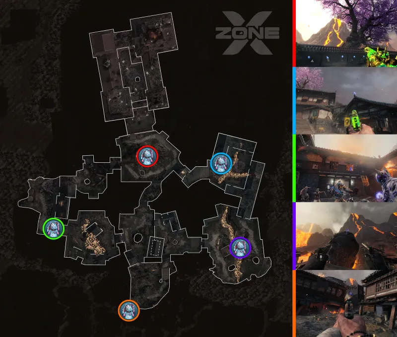 Map of all five Mr Peeks spawn locations on Kowakujo in BO7 Cursed Mode