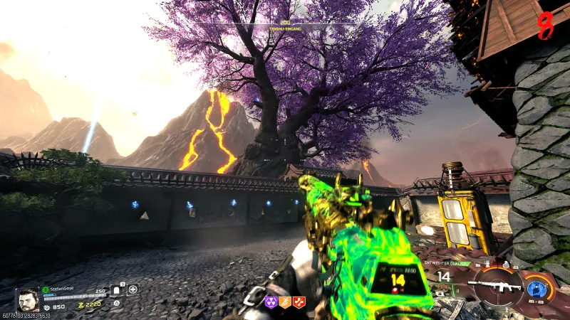Mr Peeks on the central sakura tree near Juggernog on Kowakujo