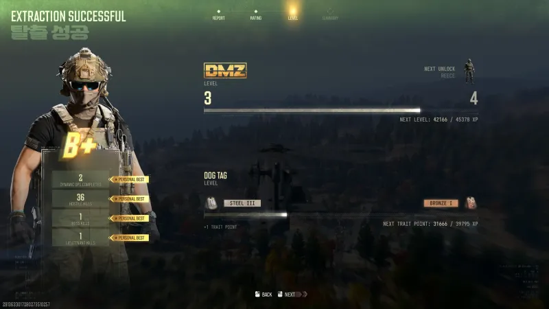 MW4 DMZ after-action Level tab showing DMZ level 3 to 4 with Reece as the next unlock and Dog Tag level Steel III to Bronze I