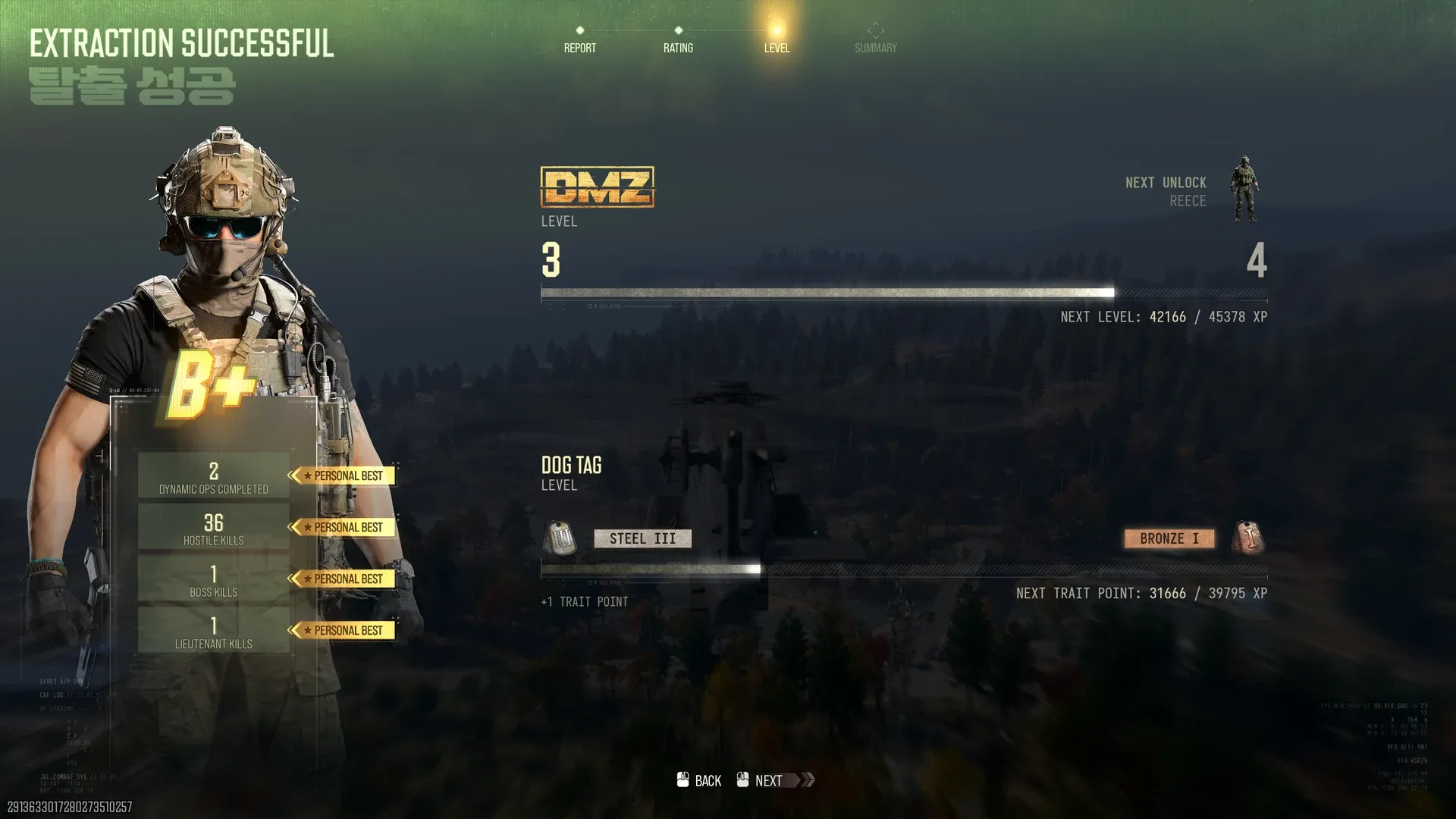 MW4 DMZ after-action Level tab showing DMZ level 3 to 4 with Reece as the next unlock and Dog Tag level Steel III to Bronze I
