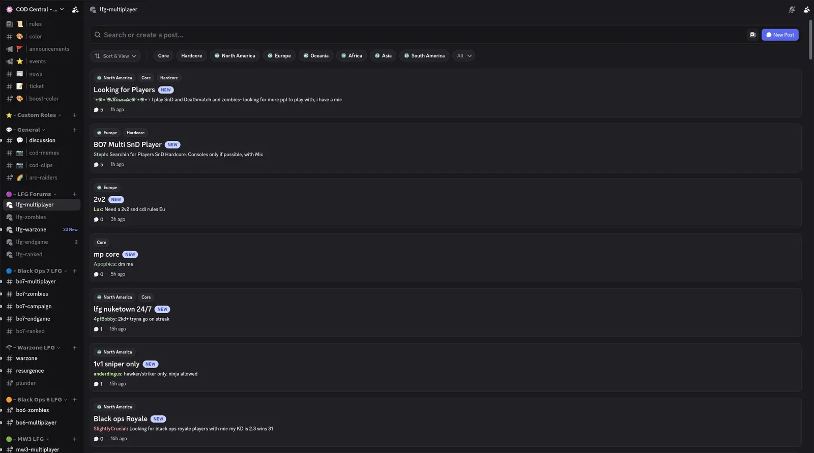 COD Central LFG multiplayer forum showing active posts with region and game mode tags