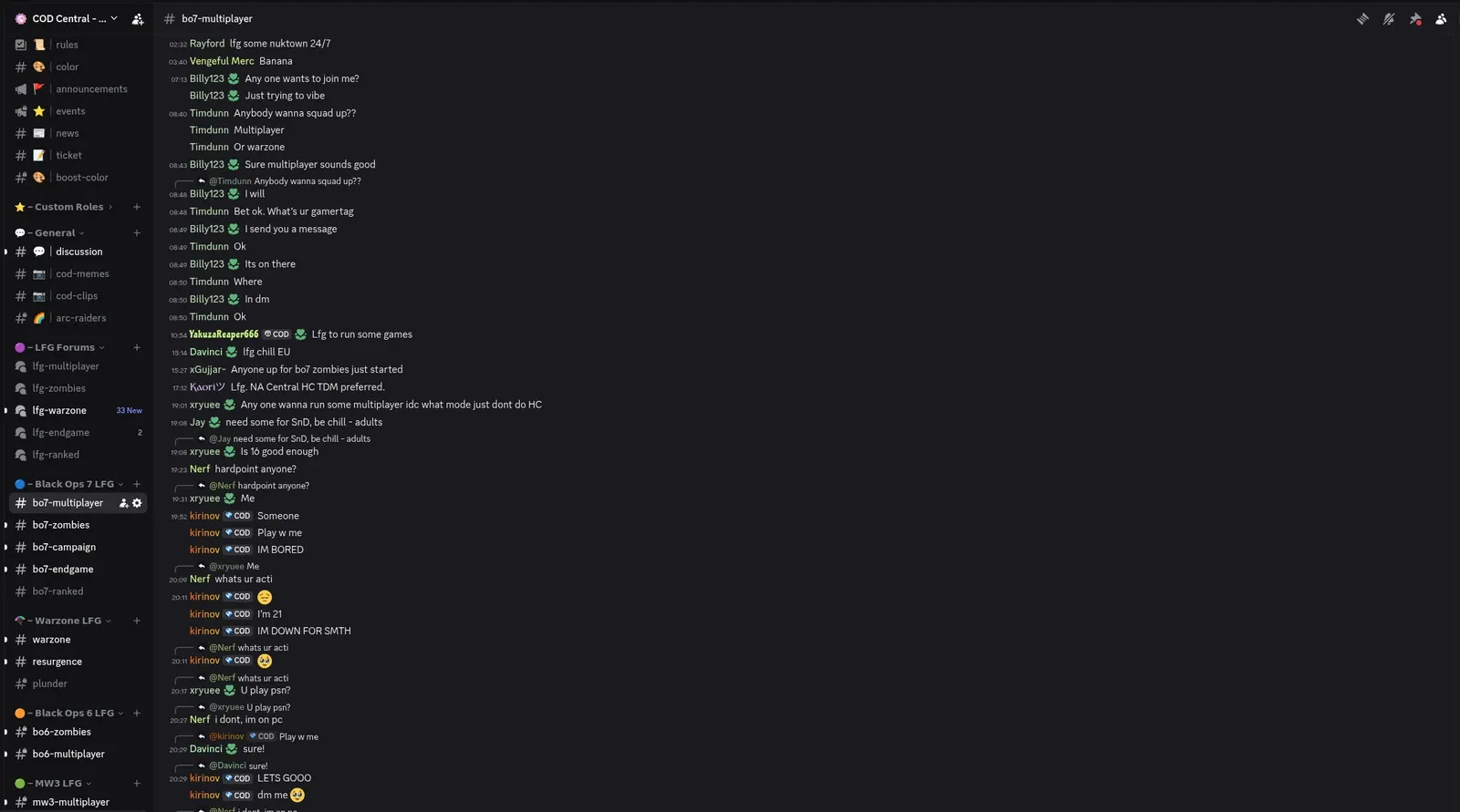 COD Central bo7-multiplayer text channel with real-time LFG conversations