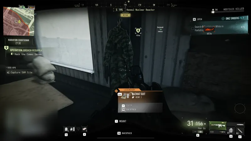 MW4 DMZ Legendary Hazmat Suit hanging on a wall hook at the Haneul Nuclear Reactor
