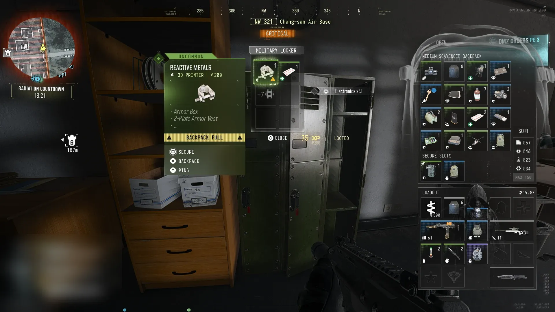 MW4 DMZ military locker at Chang-san Air Base holding Reactive Metals, an Uncommon 3D Printer ingredient worth 200