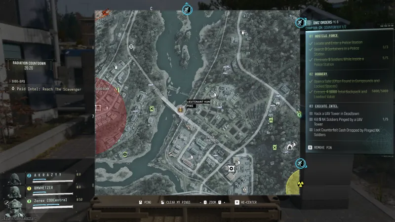 MW4 DMZ tac map during a paid intel hunt with the Paid Intel Reach The Scavenger side op active
