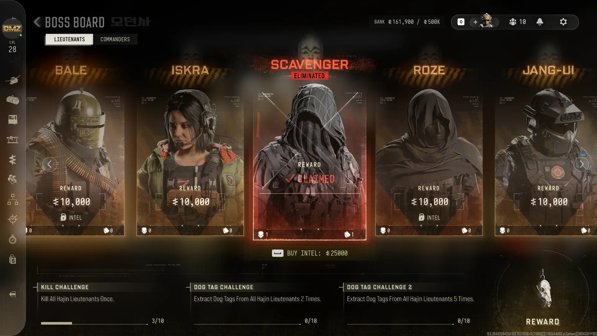 MW4 DMZ Boss Board with the Scavenger card marked eliminated and reward claimed and the Kill Challenge at 3 of 10