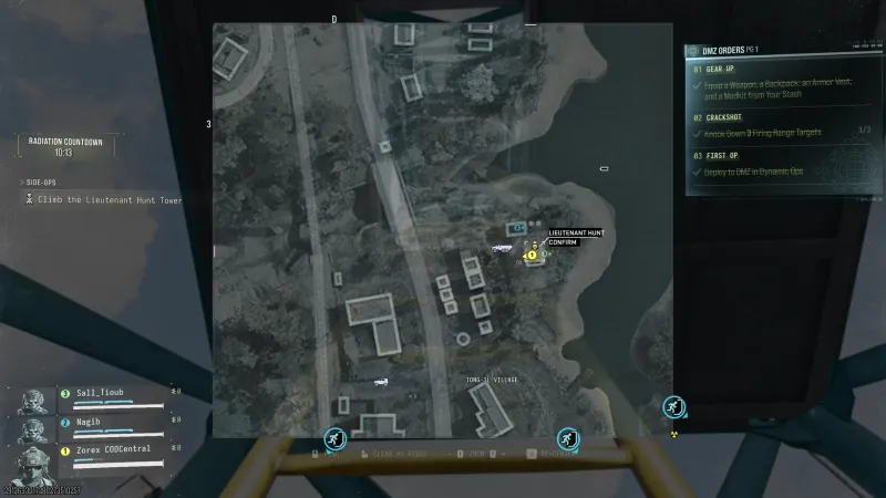 MW4 DMZ tac map with the Lieutenant Hunt tower at Tong-il Village in grid D3 and the Climb the Lieutenant Hunt Tower side op