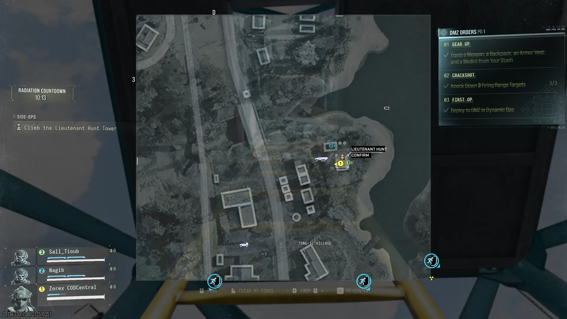 MW4 DMZ tac map with the Lieutenant Hunt tower at Tong-il Village in grid D3 and the Climb the Lieutenant Hunt Tower side op