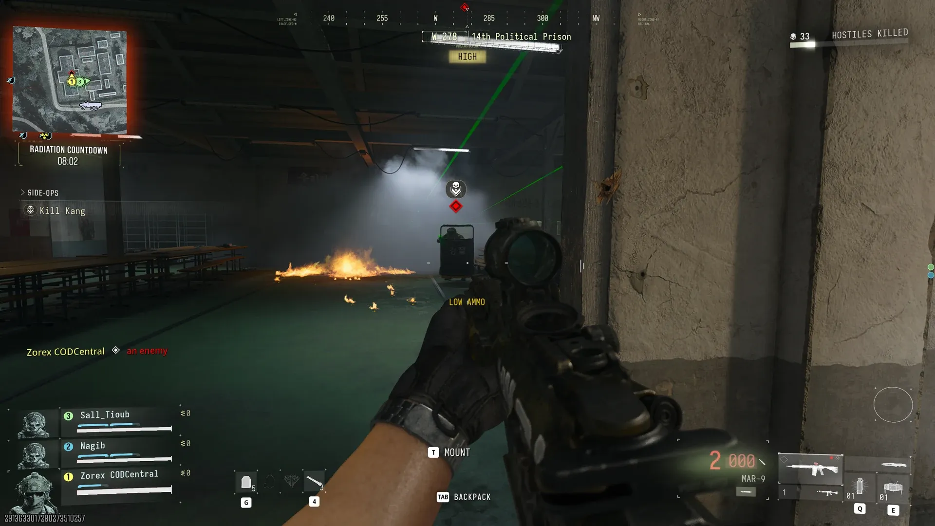MW4 DMZ Lieutenant the Warden Kang pushing behind a riot shield in the 14th Political Prison mess hall