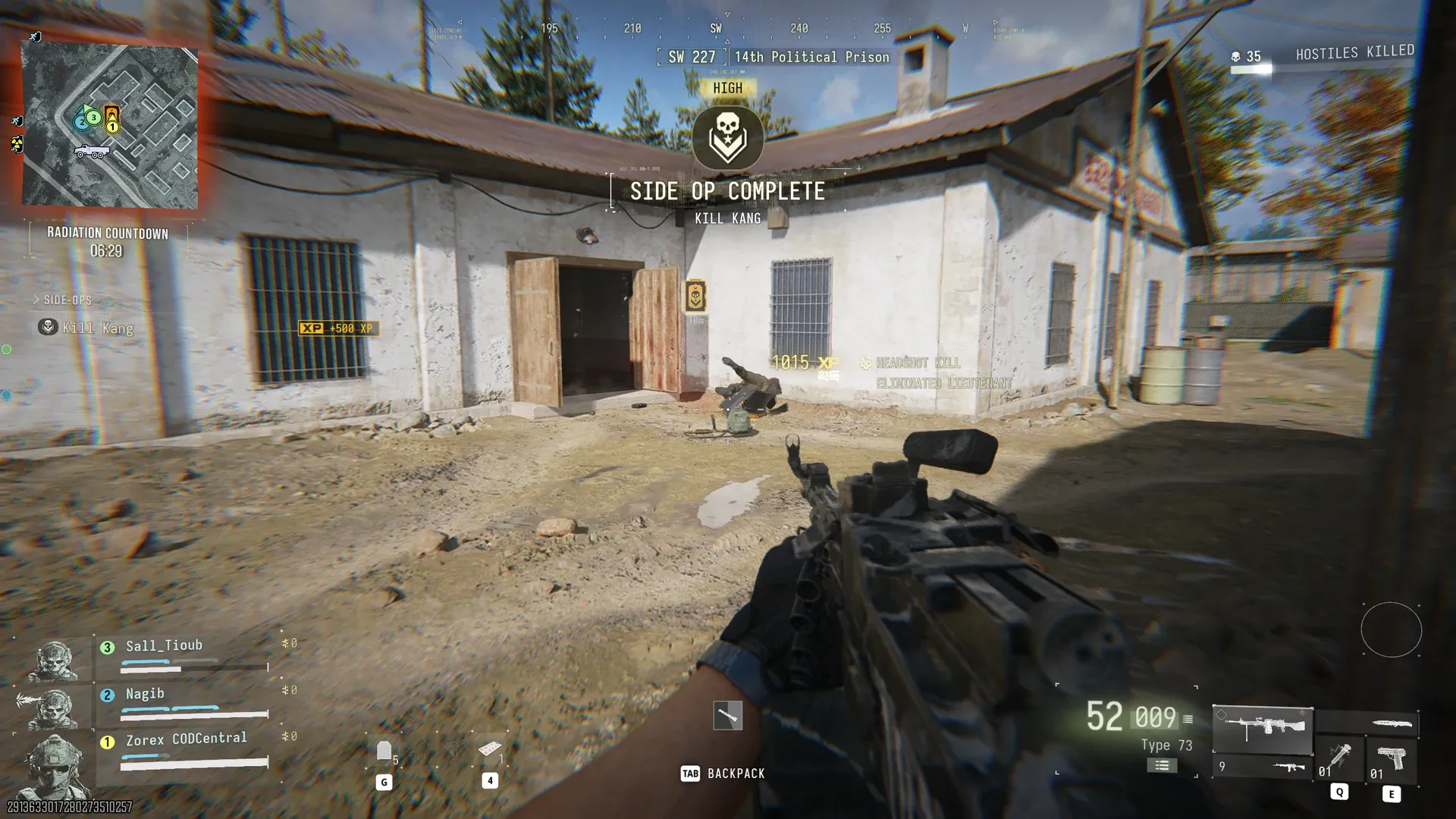 MW4 DMZ Side Op Complete Kill Kang banner with 500 XP and a 1,015 XP Eliminated Lieutenant headshot popup