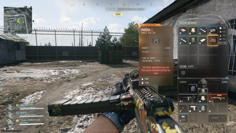 MW4 DMZ Kang's Dog Tag tooltip showing Legendary rarity, a 25K bounty and the tac map location warning