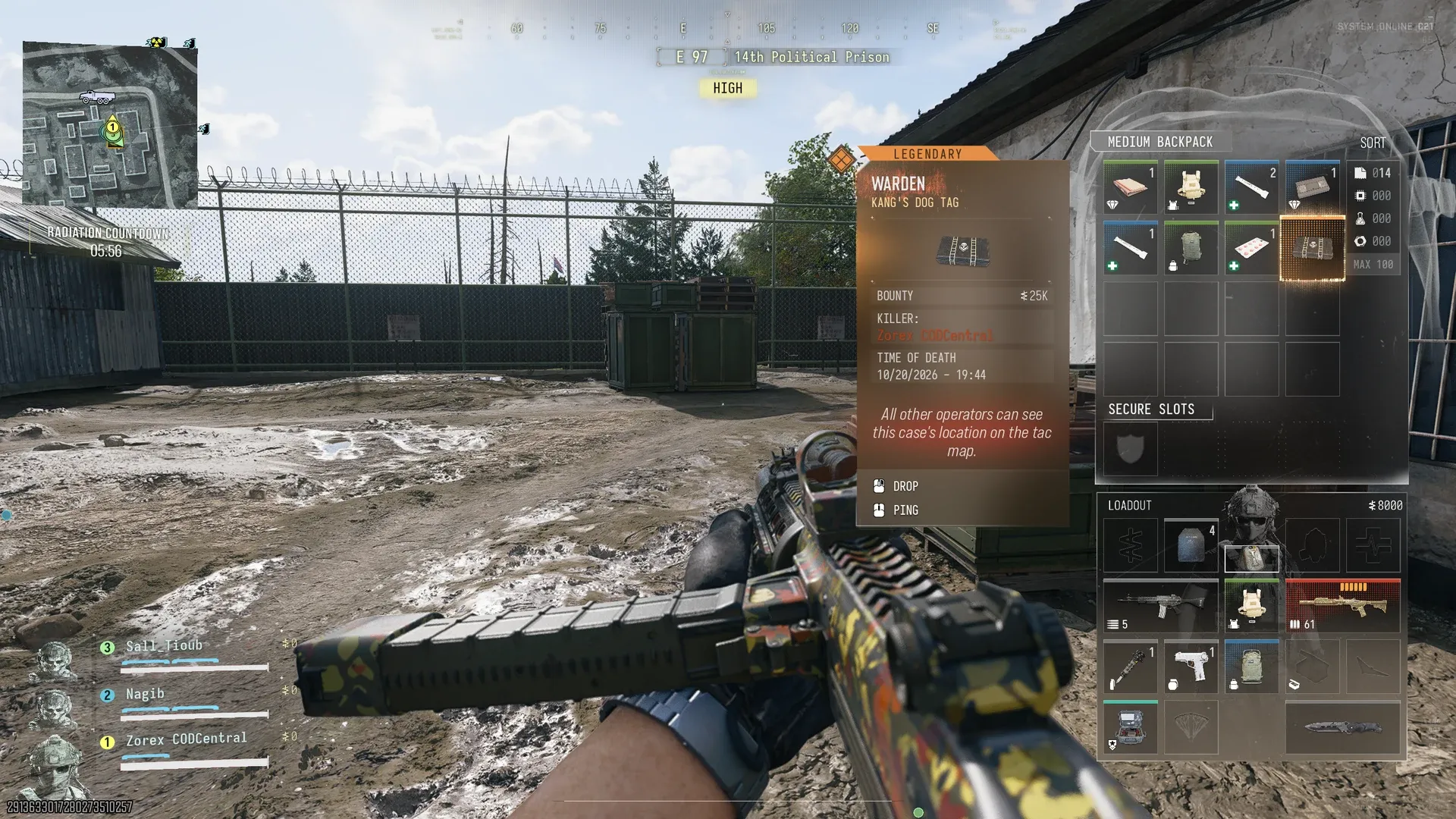 MW4 DMZ Kang's Dog Tag tooltip showing Legendary rarity, a 25K bounty and the tac map location warning