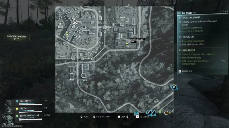 MW4 DMZ tac map with the Ghost Shipment Dynamic Op marker in grid C3 near the 14th Political Prison