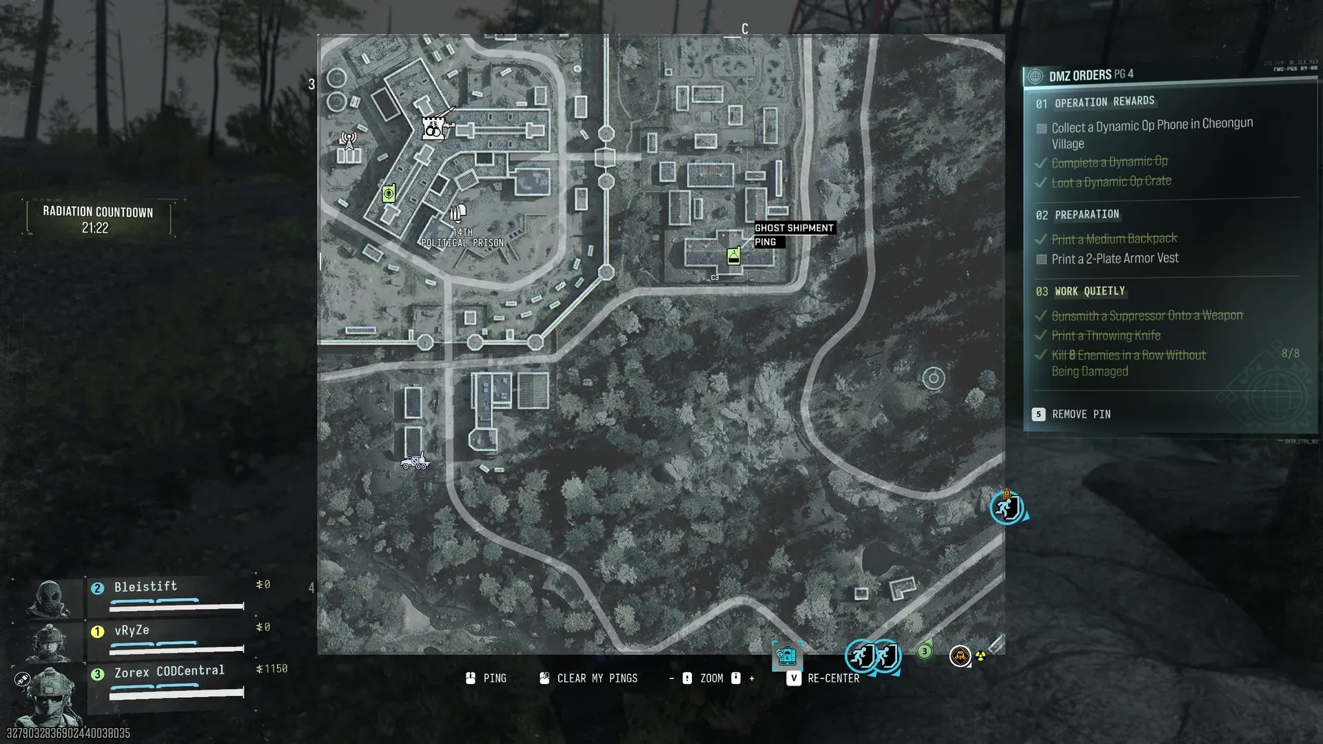 MW4 DMZ tac map with the Ghost Shipment Dynamic Op marker in grid C3 near the 14th Political Prison